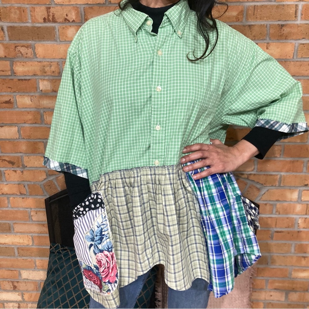 VTG Upcycled Art To Wear Patchwork Plaid Floral Oversized Flowy Shirt OS